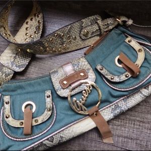 Guess Faded Denim Studded Faux Snake Skin Purse